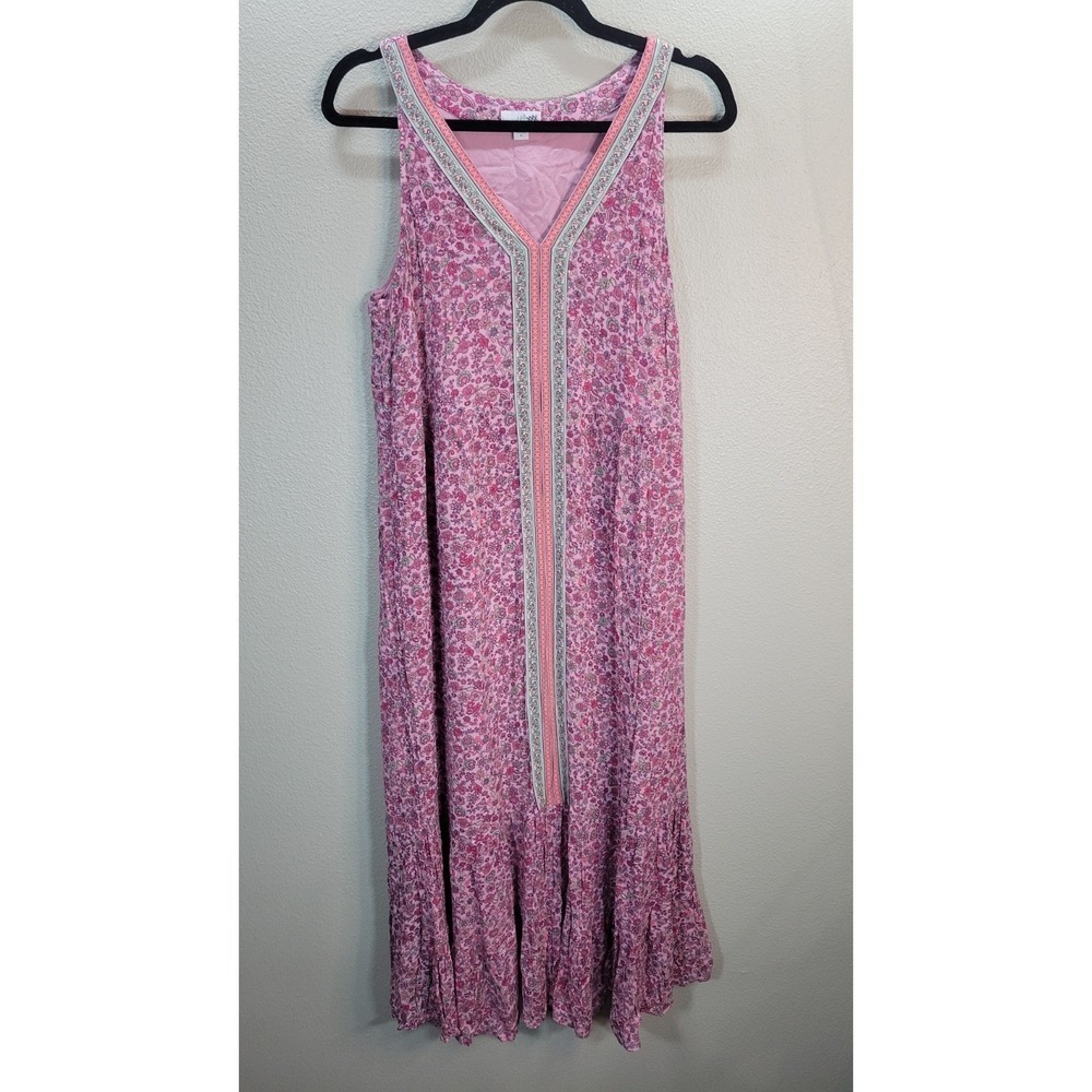 J.Jill Pink Floral Maxi Dress Size M Sleeveless‎ Boho Tiered Rayon Cottagecore